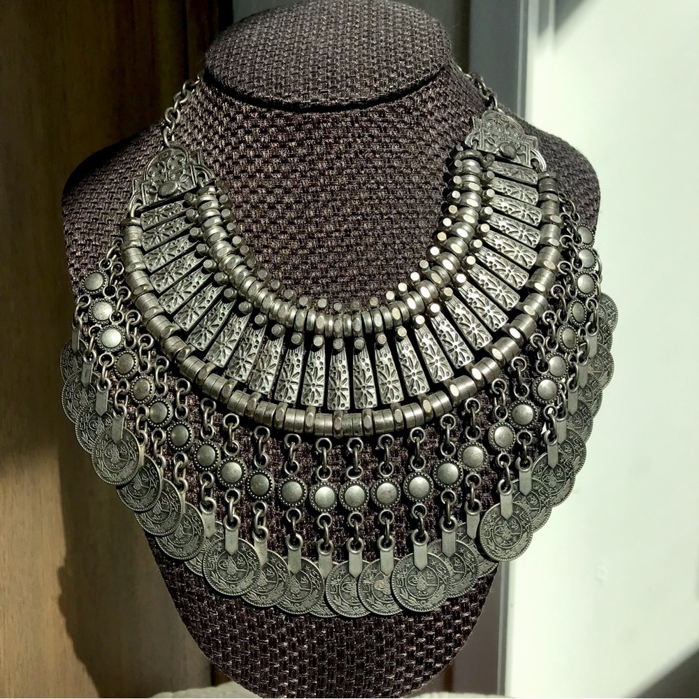 Gypsy Boho Silver Dangling Coin Necklace